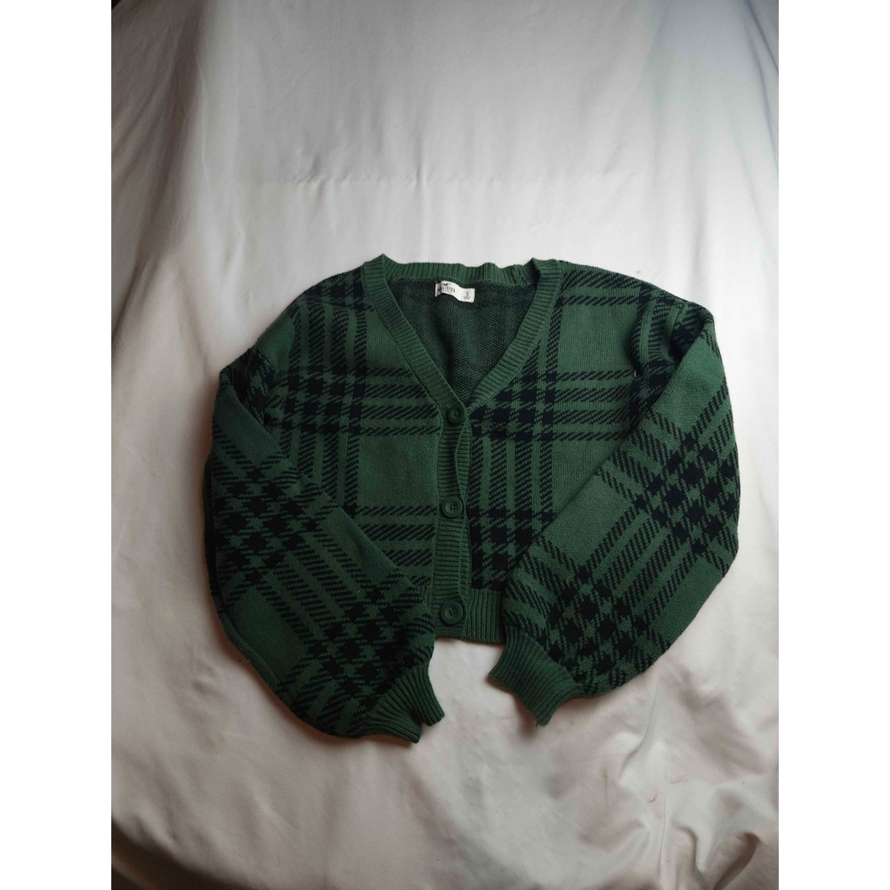 Hollister Cardigan Sweater Womens Small Green Knit Plaid Crop Y2K Balloon Sleeve